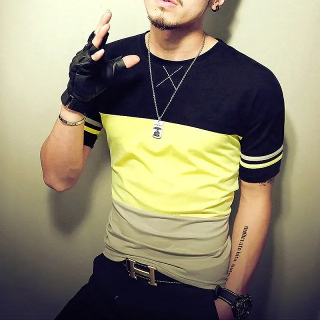 Men Cotton Casual Patchwork Short Sleeve Shirt
