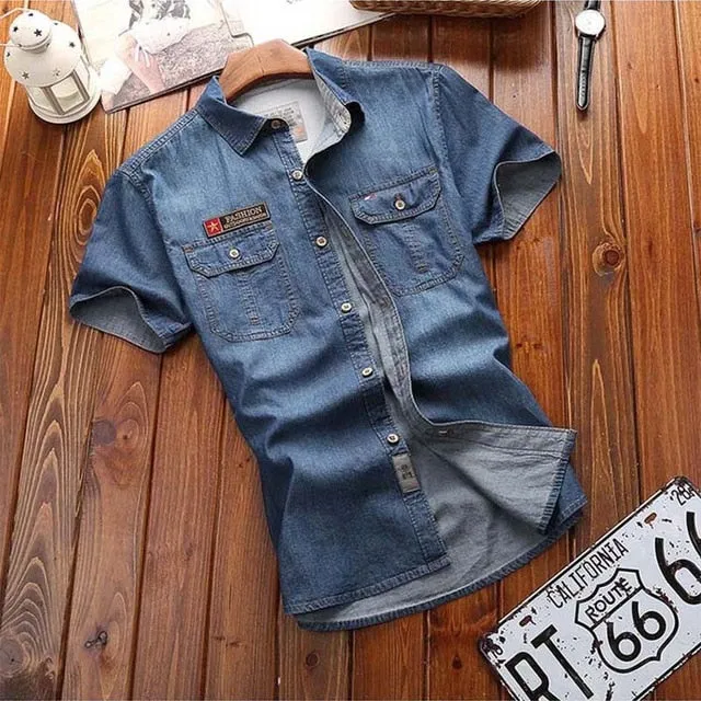 Men Fashion Short Sleeves Denim Jean Shirts