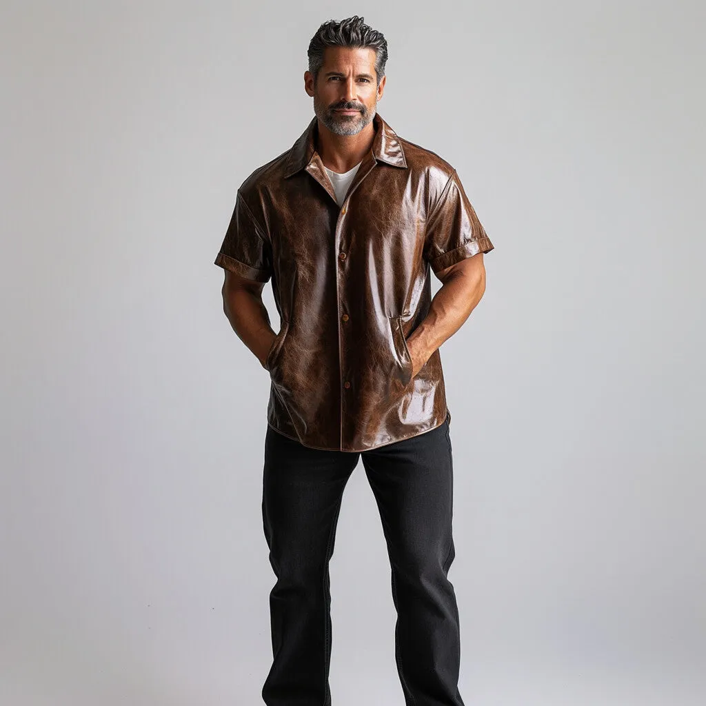Men's Casual Button Pocket Distressed PU Leather Short Sleeve Shirt