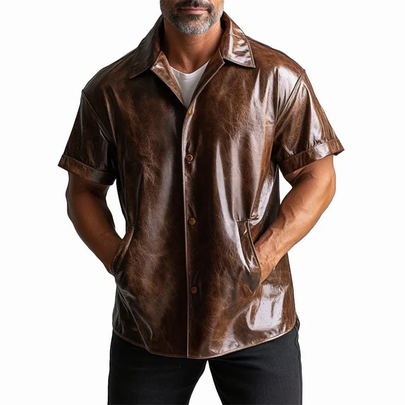 Men's Casual Button Pocket Distressed PU Leather Short Sleeve Shirt