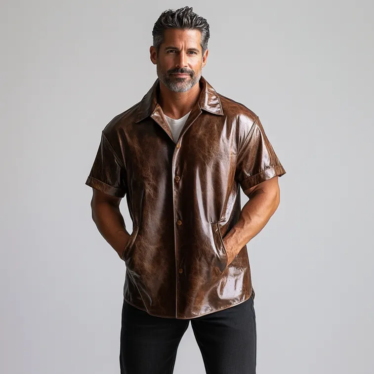 Men's Casual Button Pocket Distressed PU Leather Short Sleeve Shirt