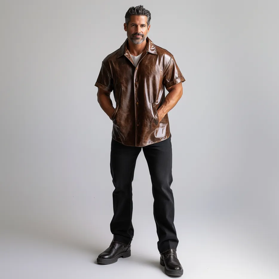 Men's Casual Button Pocket Distressed PU Leather Short Sleeve Shirt