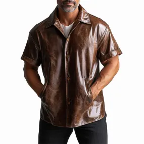 Men's Casual Button Pocket Distressed PU Leather Short Sleeve Shirt