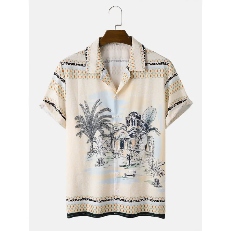 Mens Holiday Landscape Print Short Sleeve Shirts