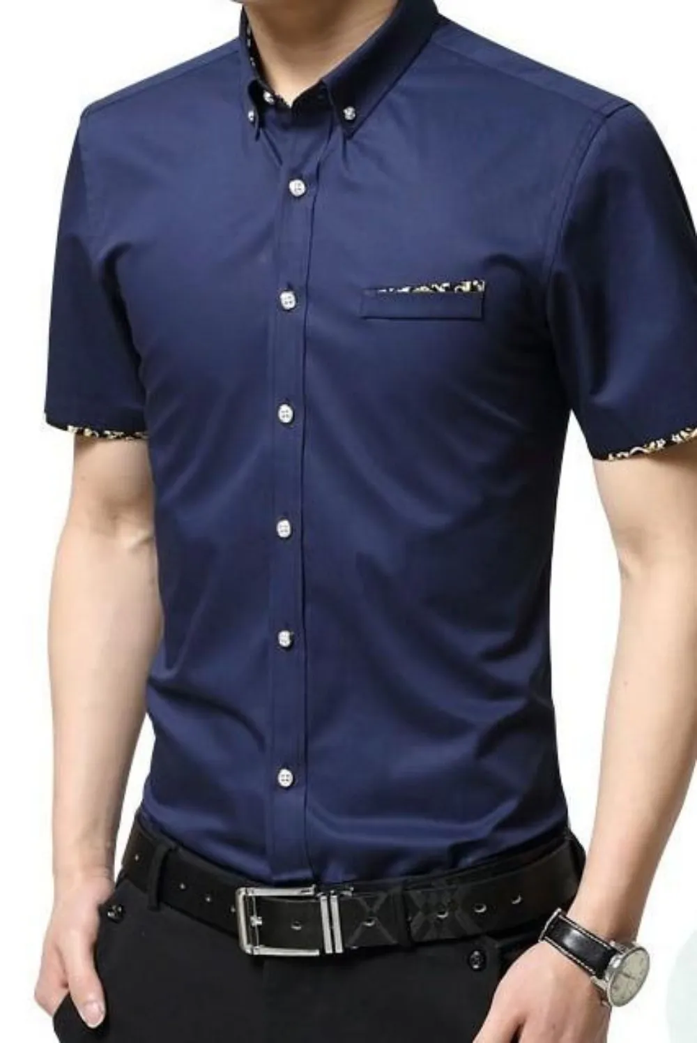 Mens  Short Sleeve Shirt with Floral Details Pocket