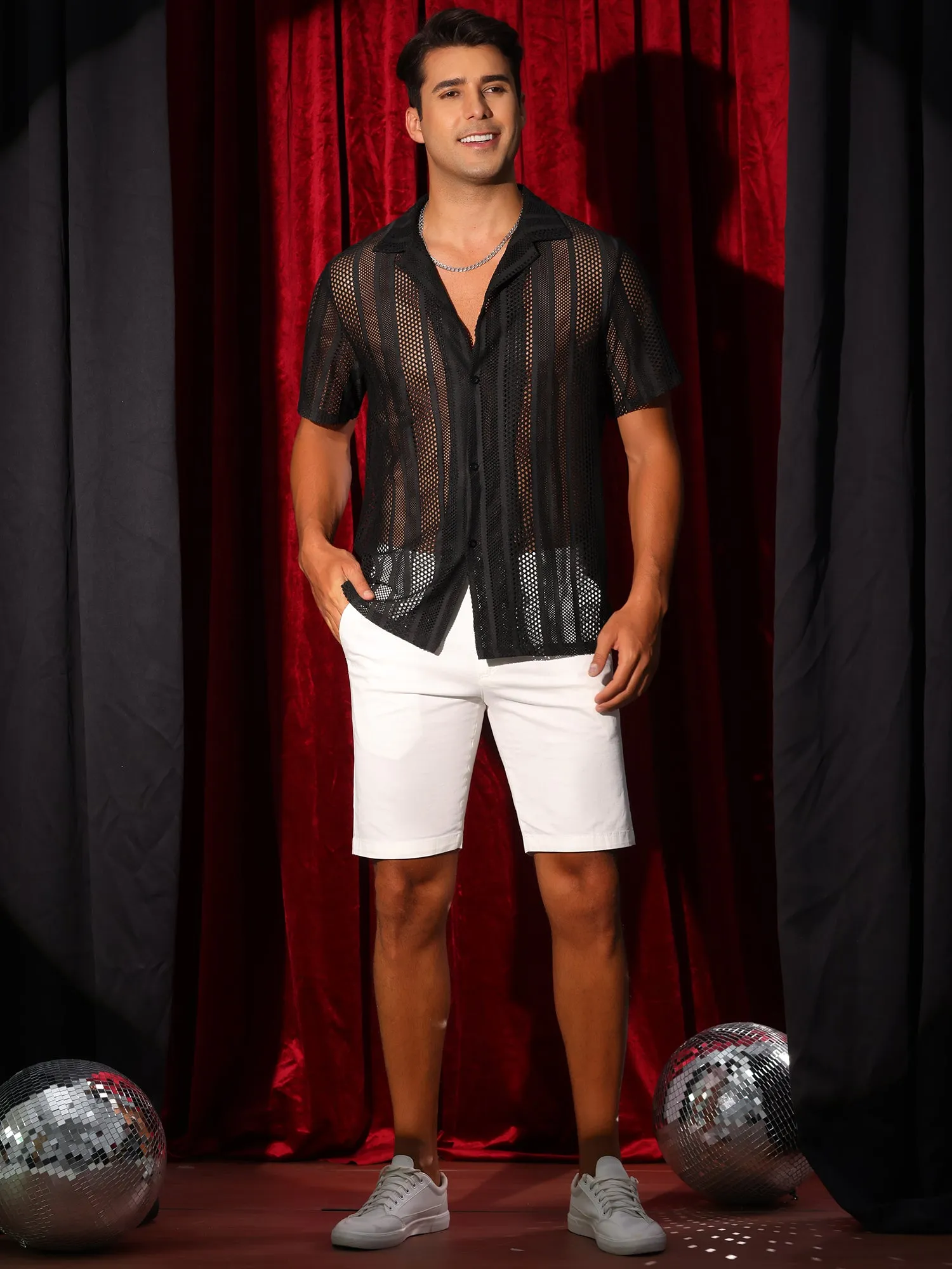 Mesh Shirt for Men's Camp Collar Short Sleeve Button Down Party See Through Shirts