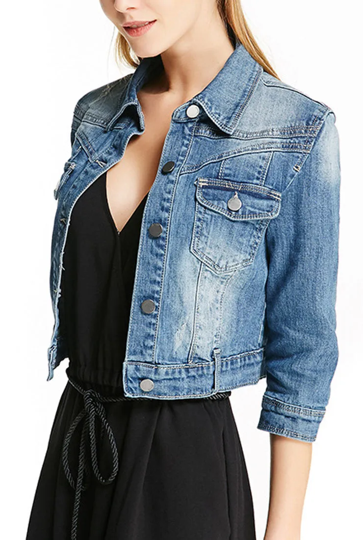 Mid-Sleeve Short Denim Jacket