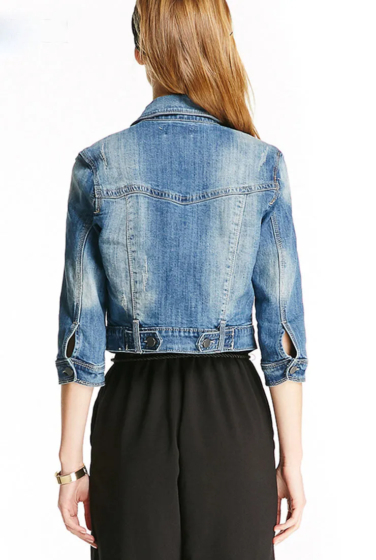 Mid-Sleeve Short Denim Jacket