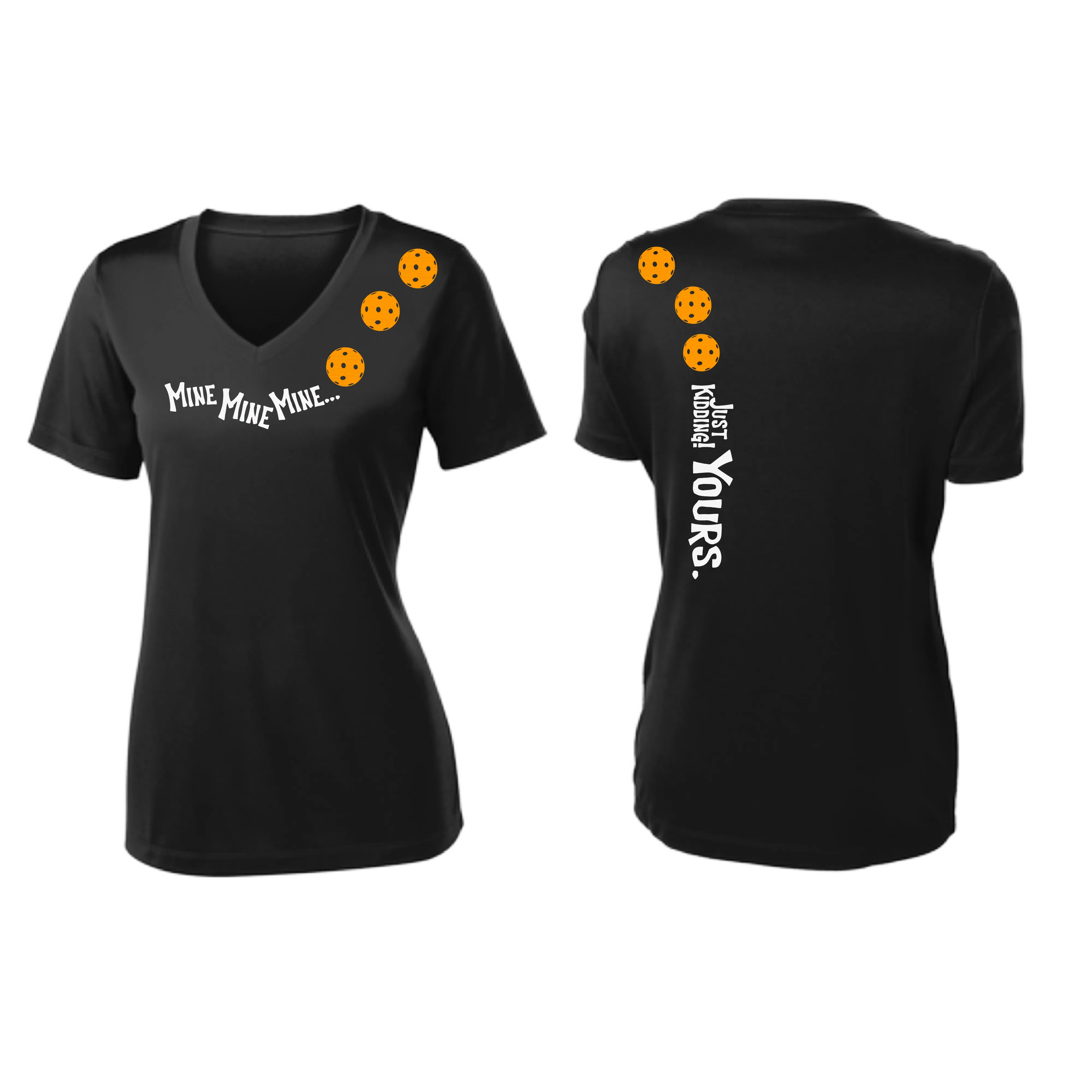 Mine JK Yours (Pickleballs Cyan Green Orange) | Women’s Short Sleeve Crewneck Pickleball Shirts | 100% Polyester