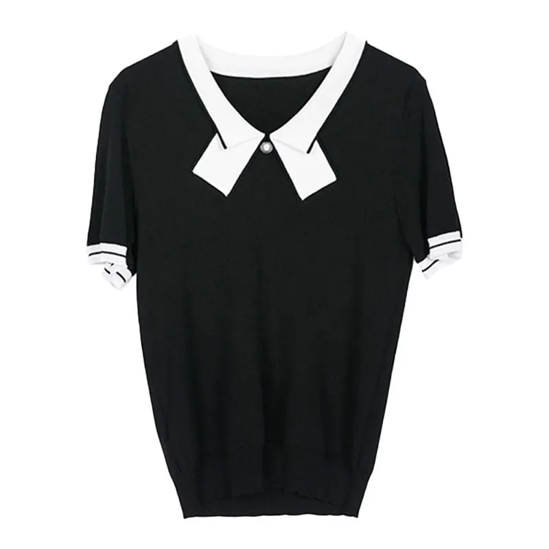 Navy Blue Bow Neckline Slim T-shirt
