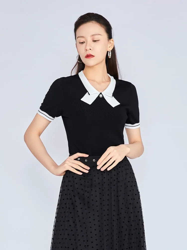 Navy Blue Bow Neckline Slim T-shirt