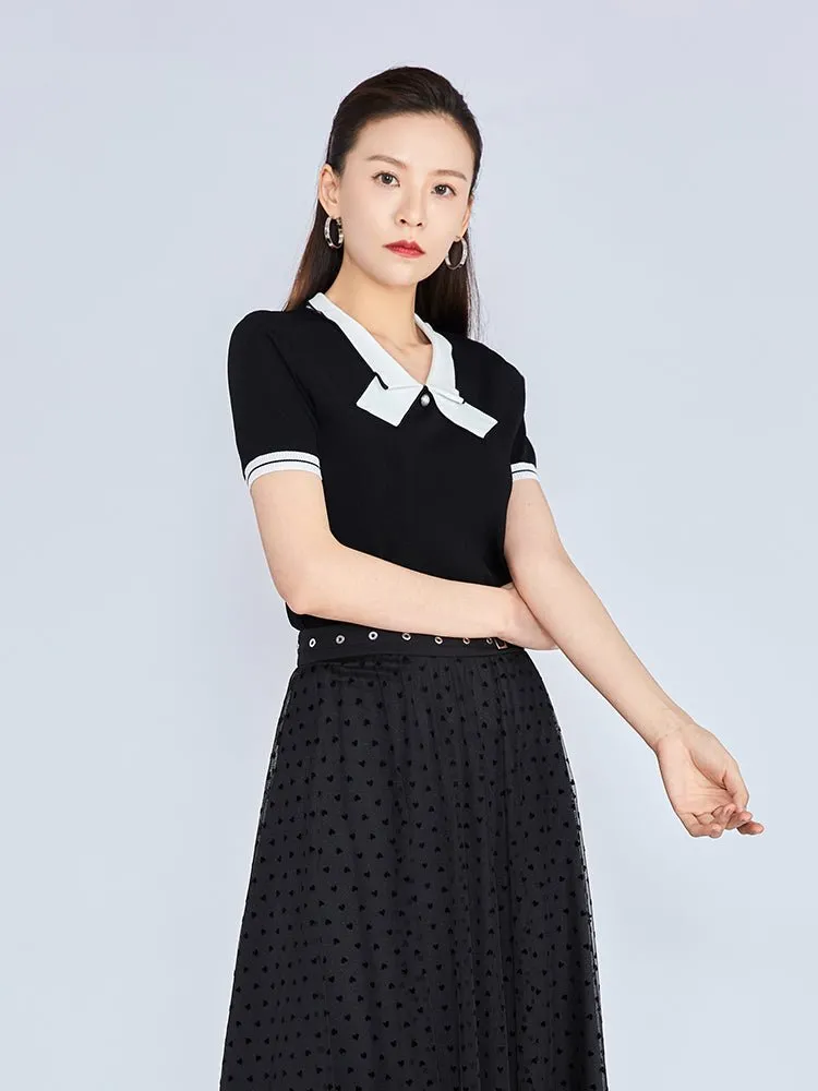 Navy Blue Bow Neckline Slim T-shirt