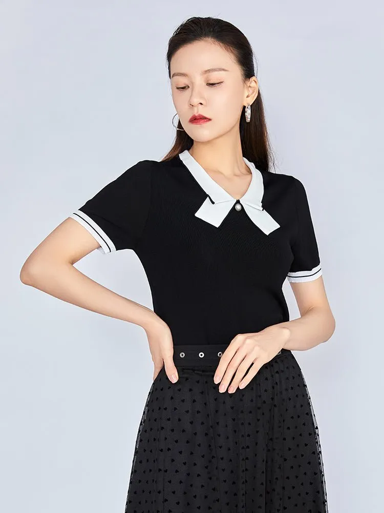 Navy Blue Bow Neckline Slim T-shirt