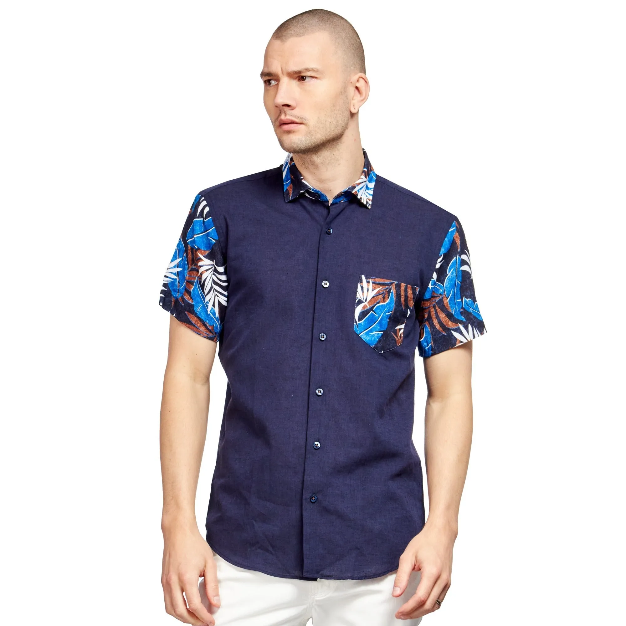Navy Linen Short Sleeve Shirt With Botanical Print