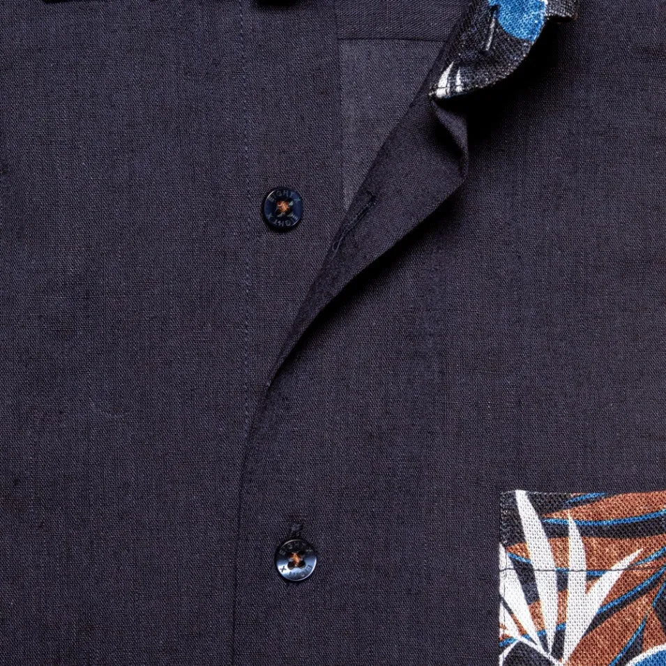 Navy Linen Short Sleeve Shirt With Botanical Print