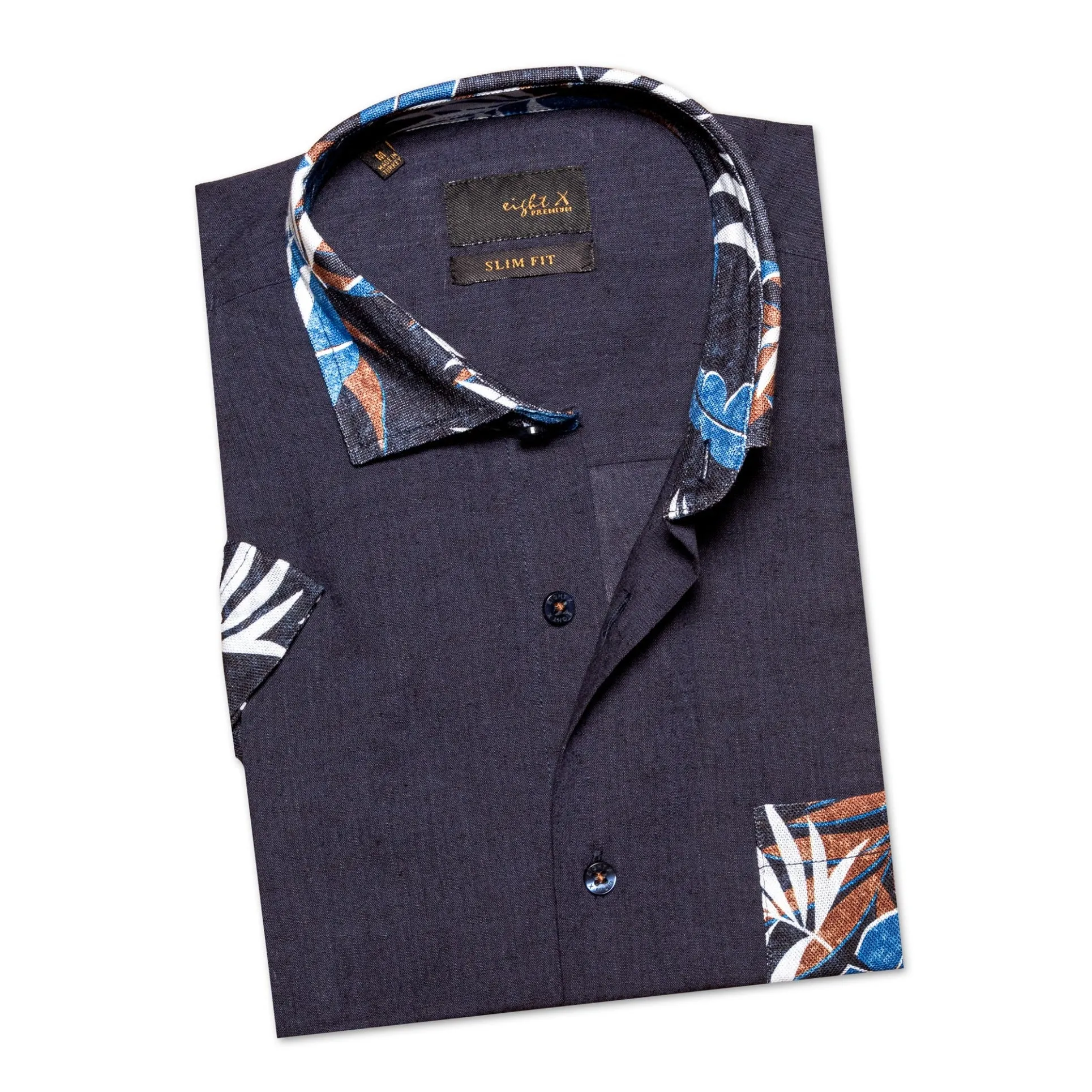 Navy Linen Short Sleeve Shirt With Botanical Print