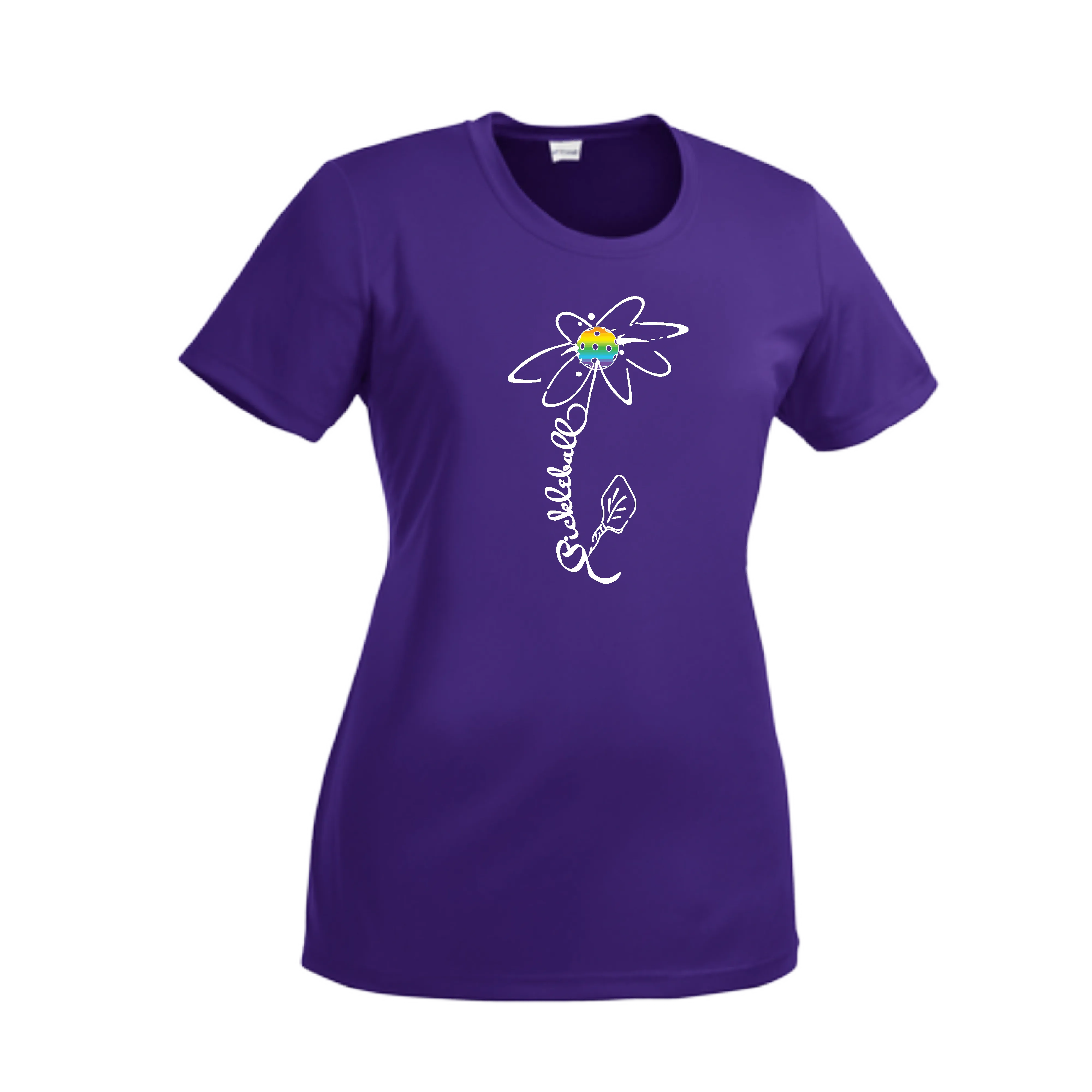 Pickleball Flower (Pink Purple Rainbow) | Women’s Short Sleeve Crewneck Pickleball Shirts | 100% Polyester