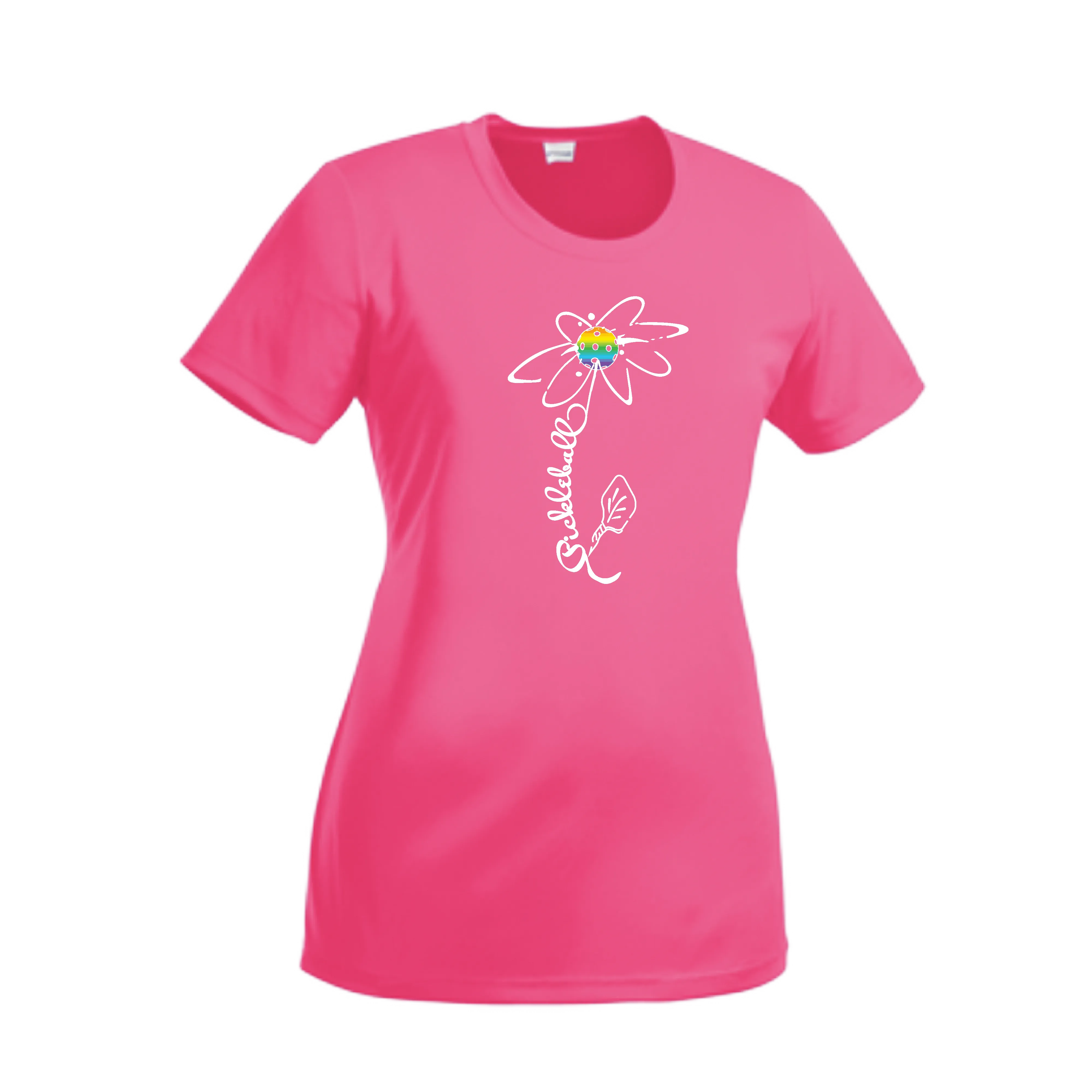 Pickleball Flower (Pink Purple Rainbow) | Women’s Short Sleeve Crewneck Pickleball Shirts | 100% Polyester