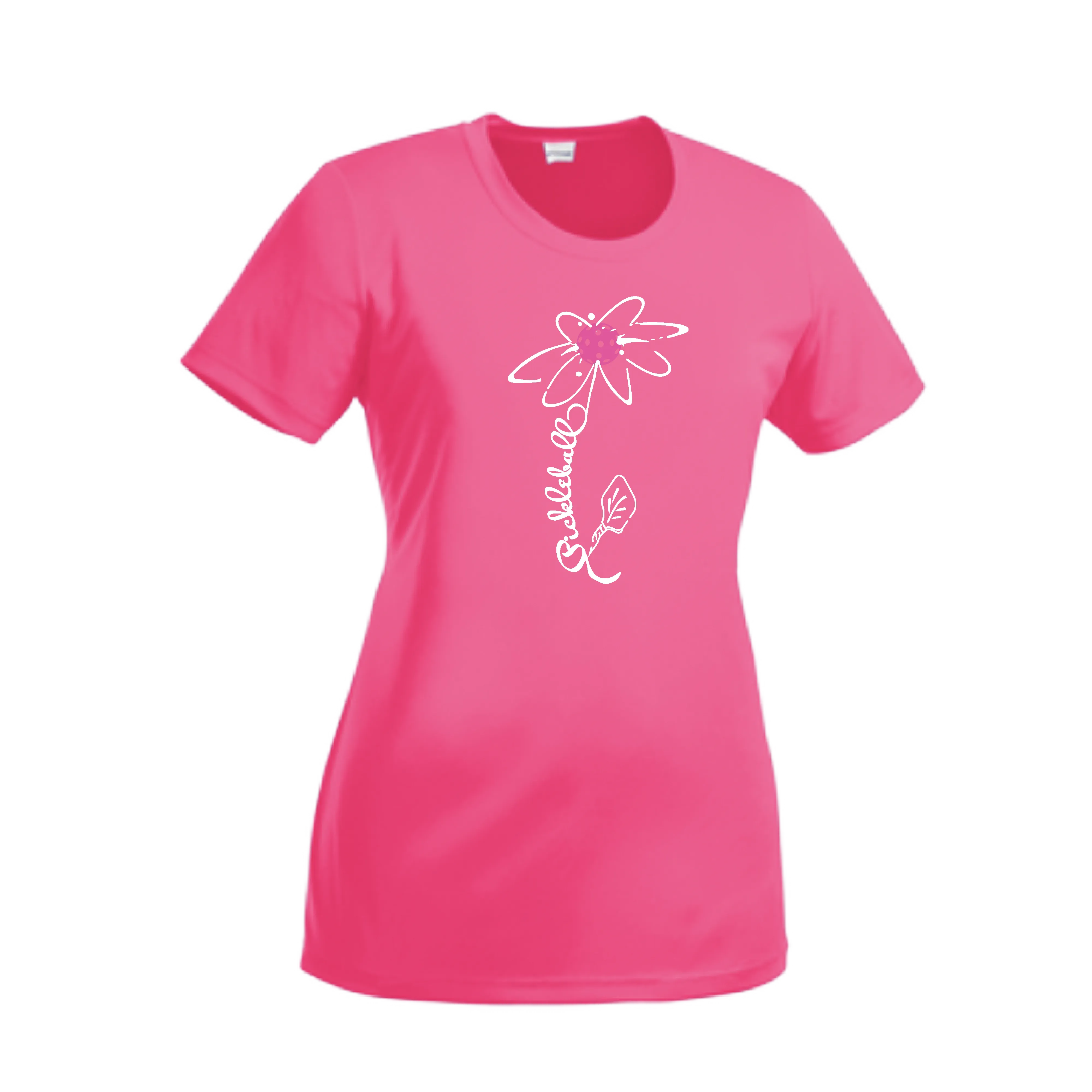 Pickleball Flower (Pink Purple Rainbow) | Women’s Short Sleeve Crewneck Pickleball Shirts | 100% Polyester