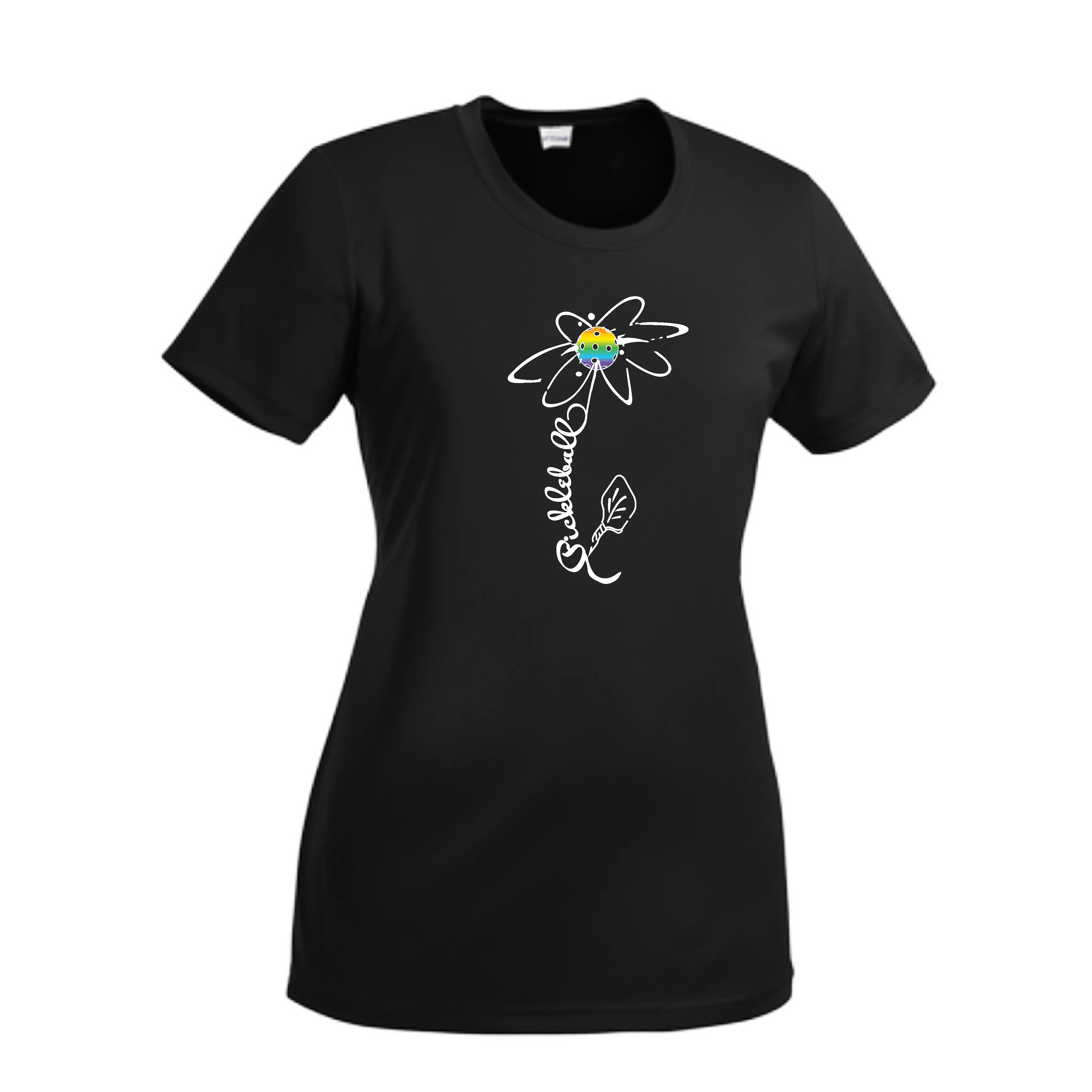 Pickleball Flower (Pink Purple Rainbow) | Women’s Short Sleeve Crewneck Pickleball Shirts | 100% Polyester