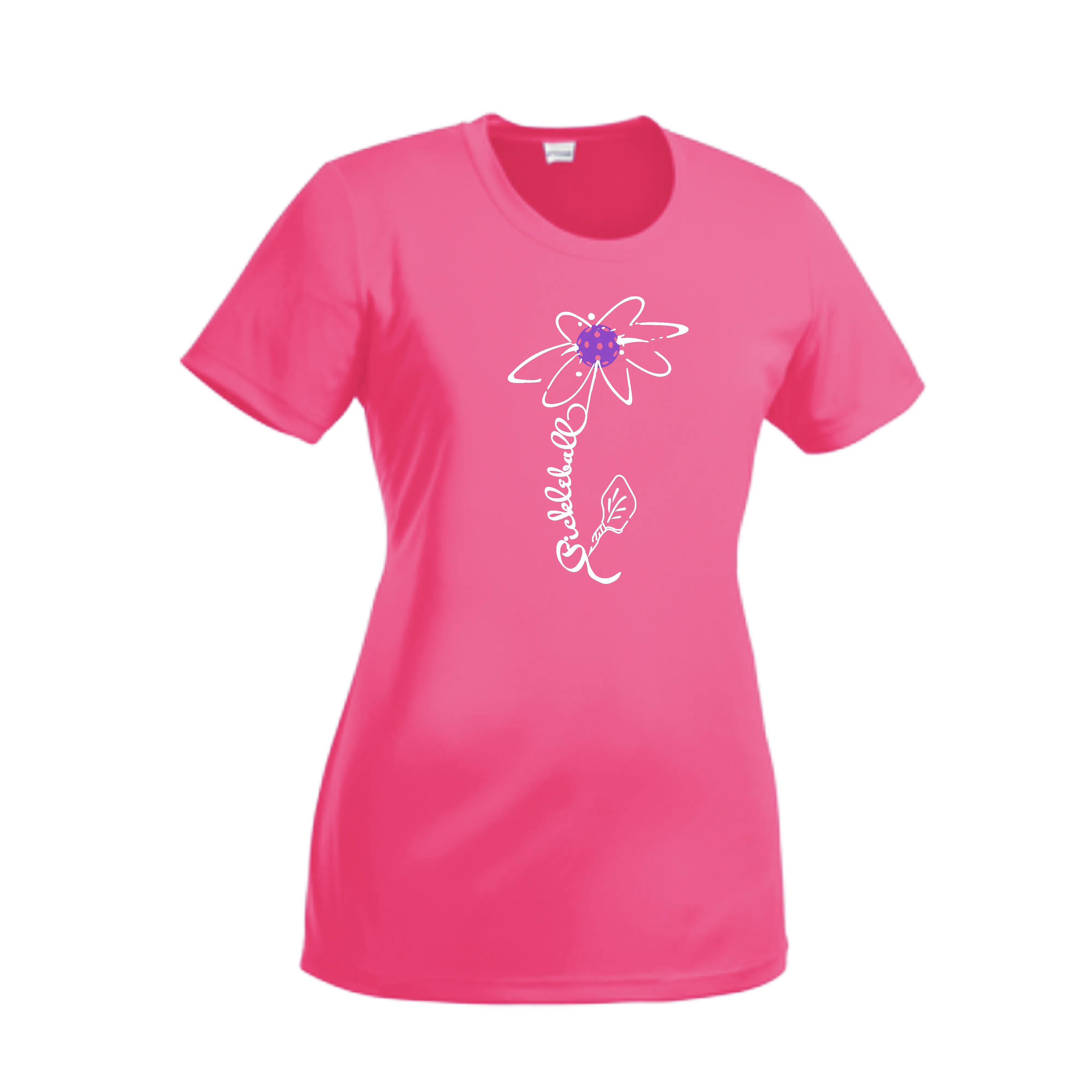 Pickleball Flower (Pink Purple Rainbow) | Women’s Short Sleeve Crewneck Pickleball Shirts | 100% Polyester
