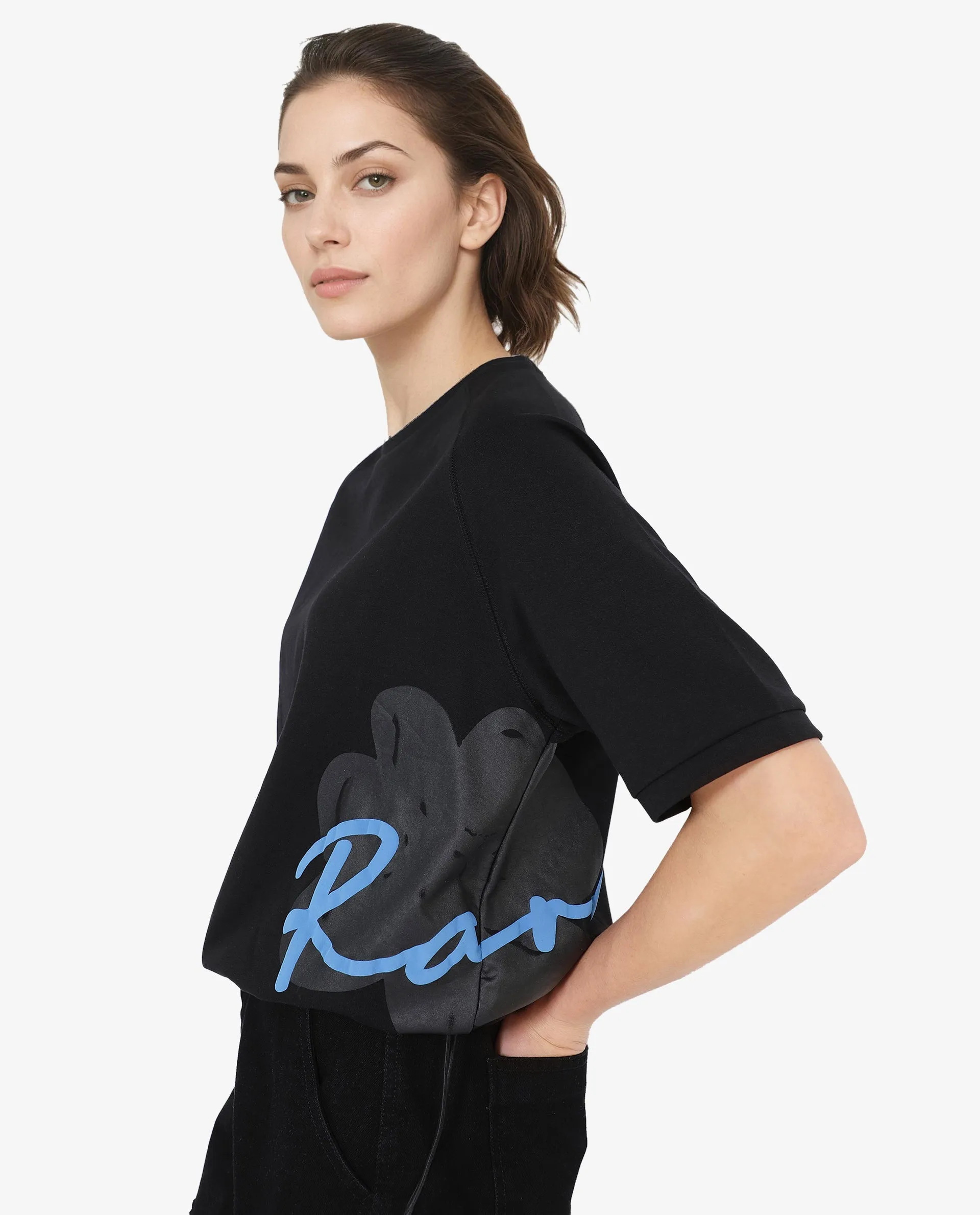 Rareism Women Marco Black Cotton Lycra Fabric Short Sleeve Crew Neck Graphic Print T-Shirt