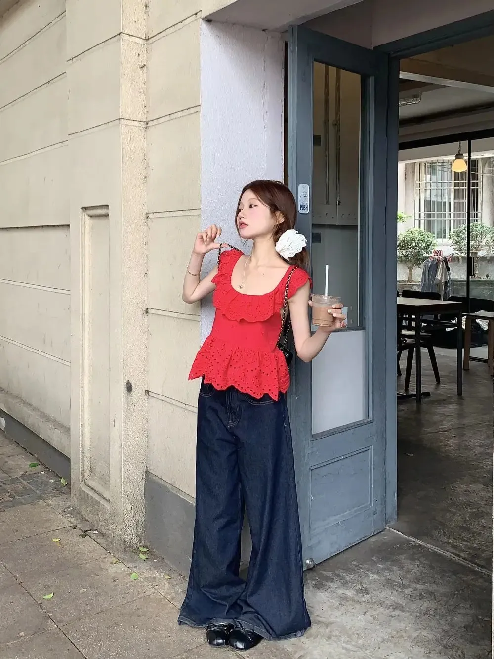 Red Frill Open Charming Back Tie Up Top