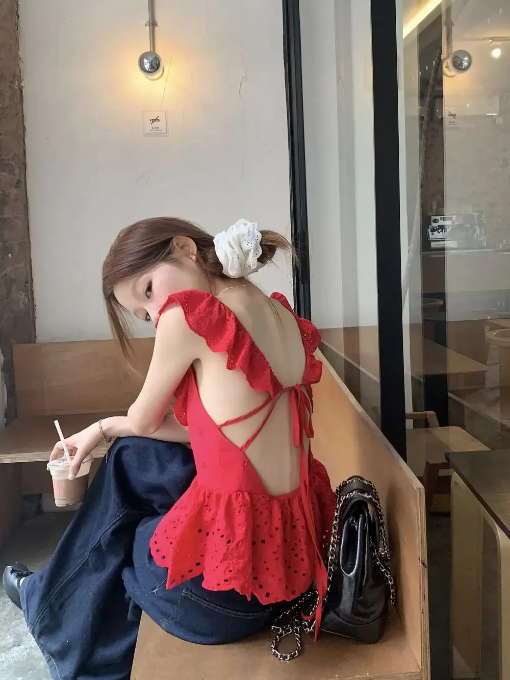 Red Frill Open Charming Back Tie Up Top