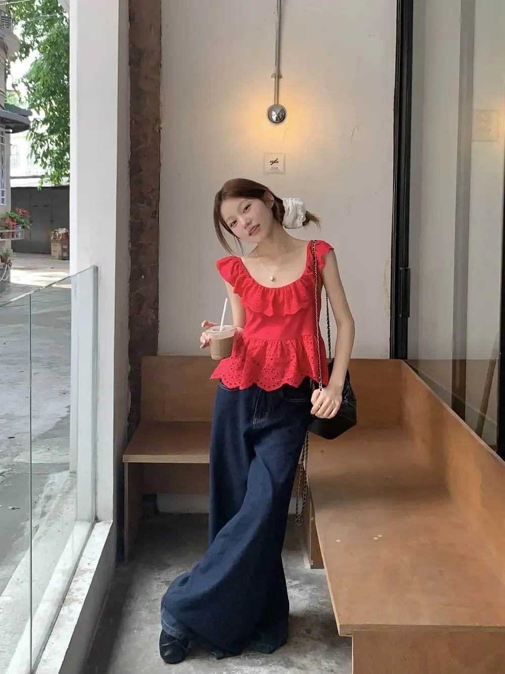 Red Frill Open Charming Back Tie Up Top