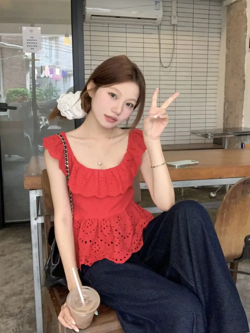 Red Frill Open Charming Back Tie Up Top