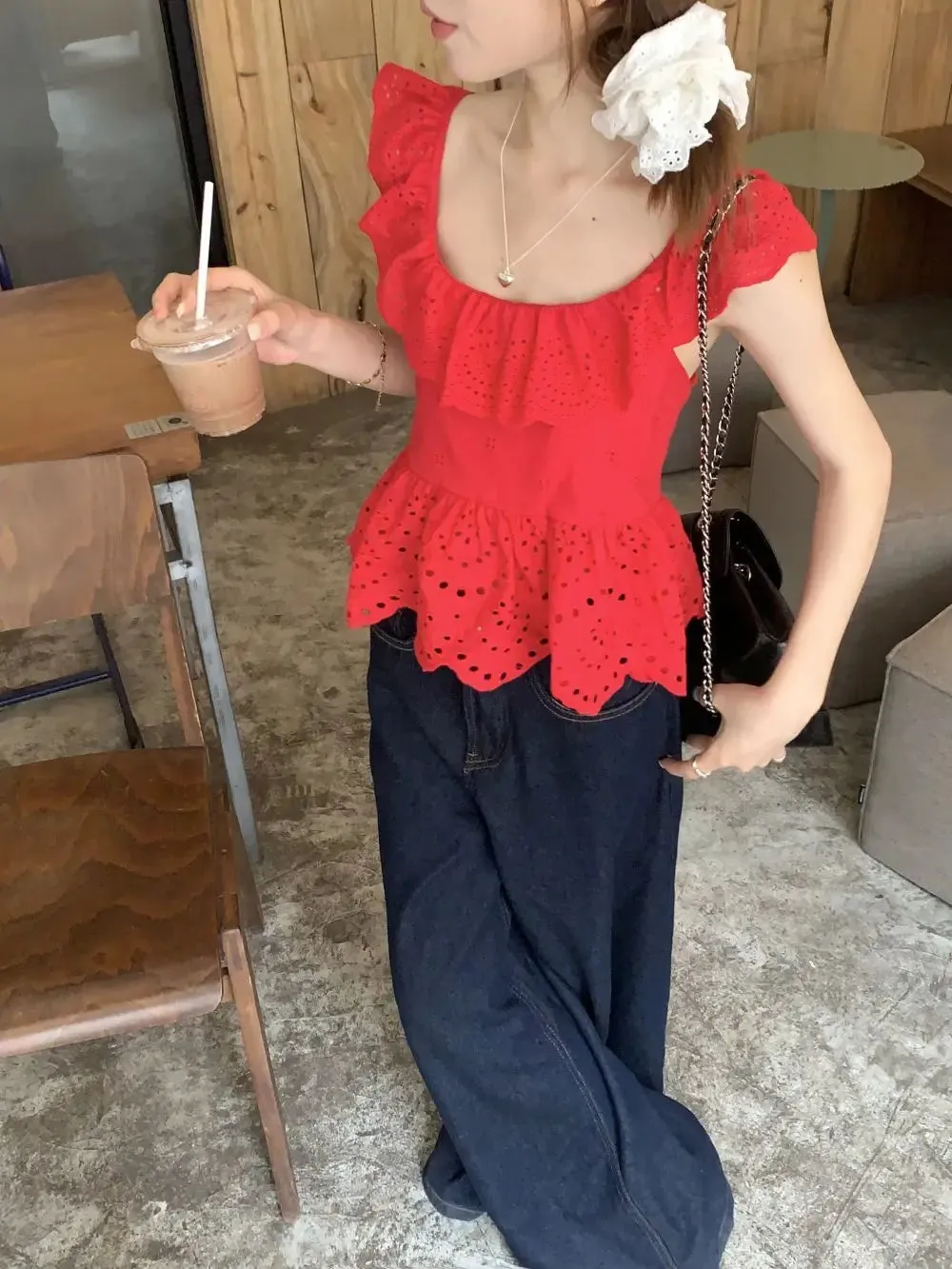 Red Frill Open Charming Back Tie Up Top