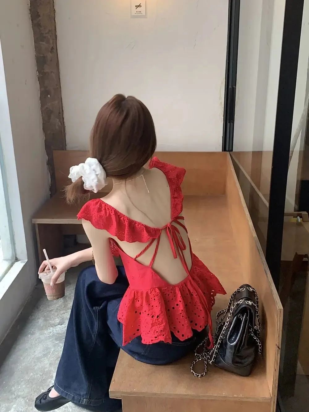 Red Frill Open Charming Back Tie Up Top