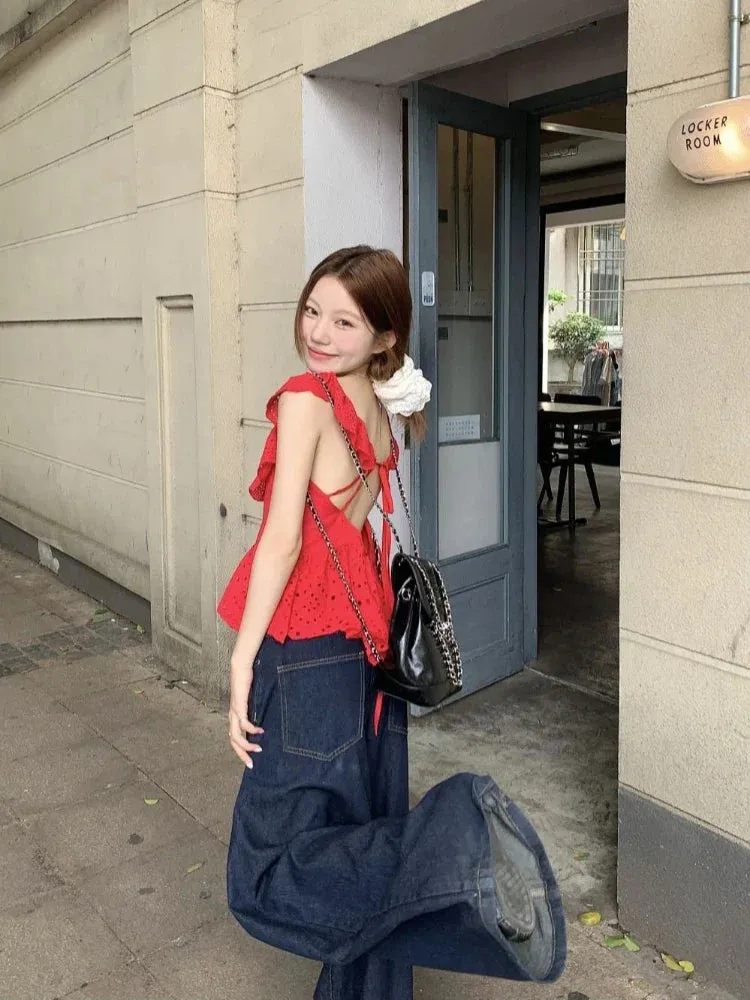 Red Frill Open Charming Back Tie Up Top