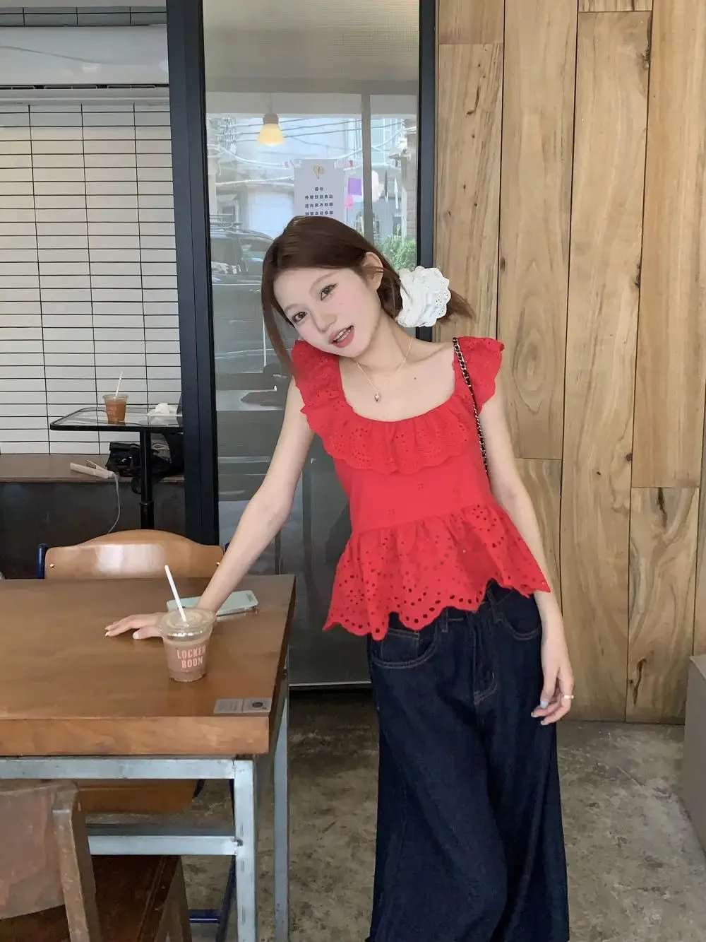 Red Frill Open Charming Back Tie Up Top