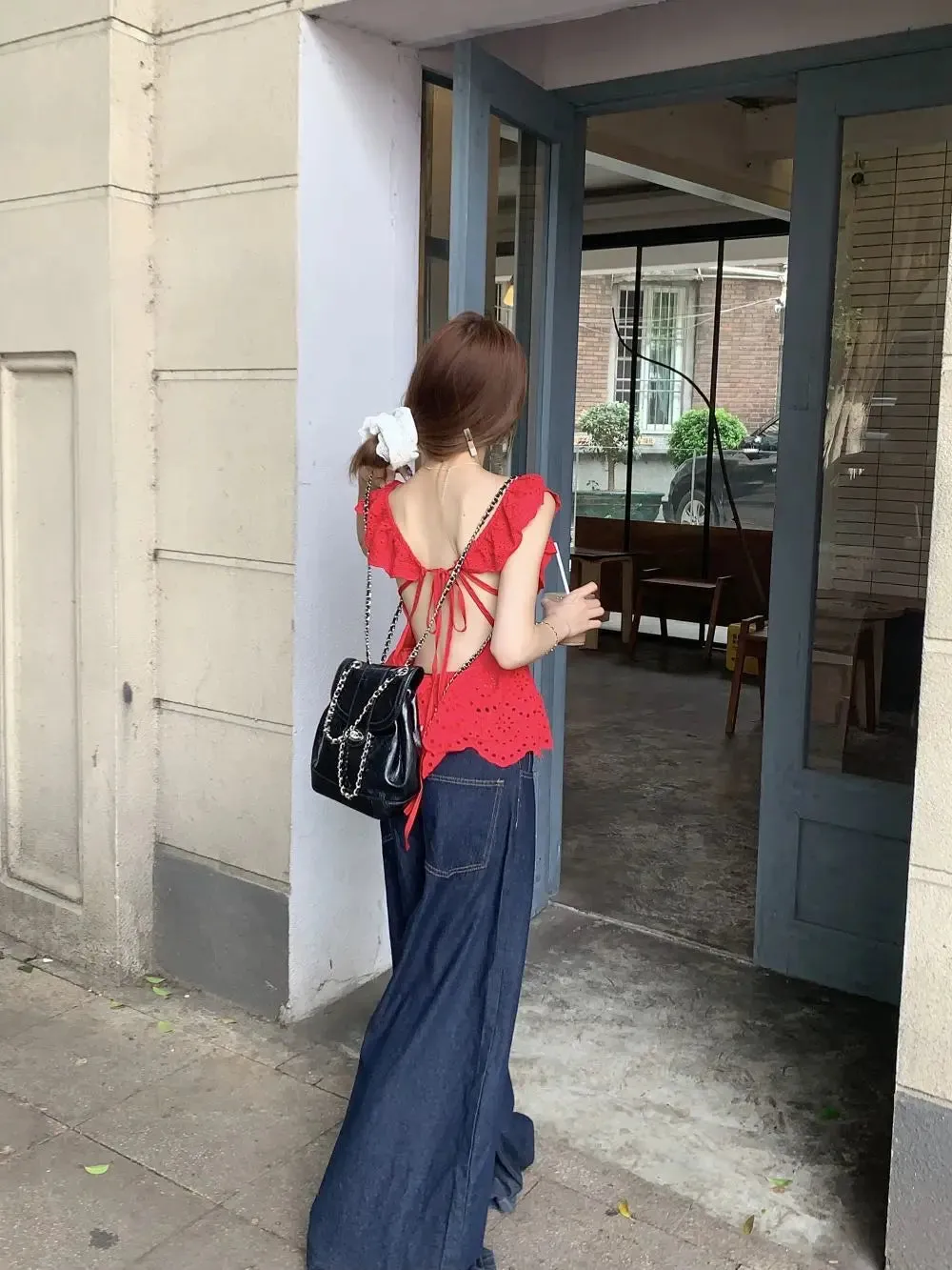 Red Frill Open Charming Back Tie Up Top