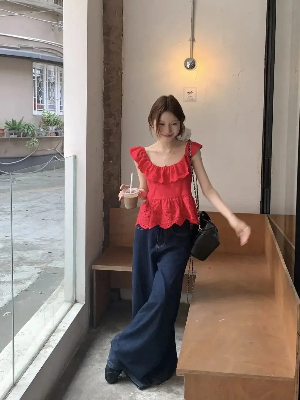 Red Frill Open Charming Back Tie Up Top