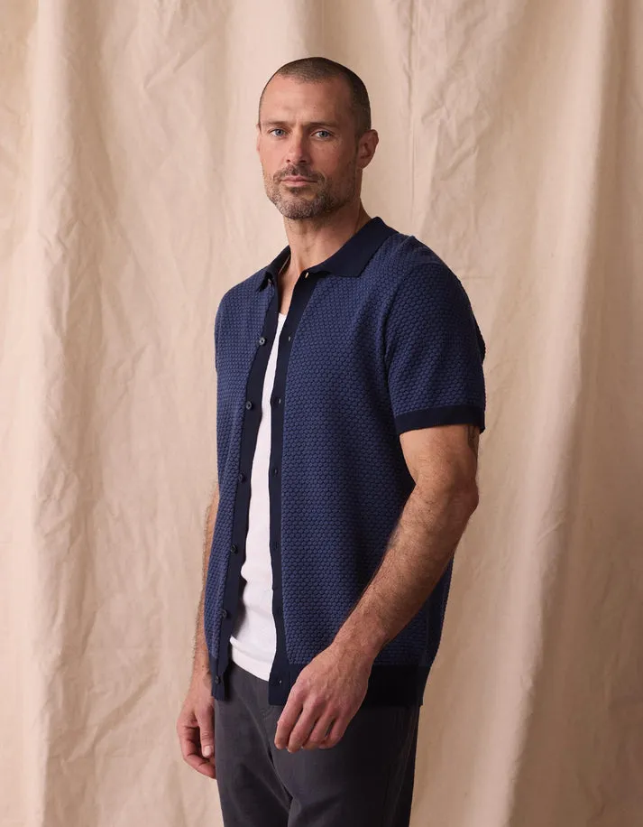Robles Knit Jacquard Button Up - Denim / Navy