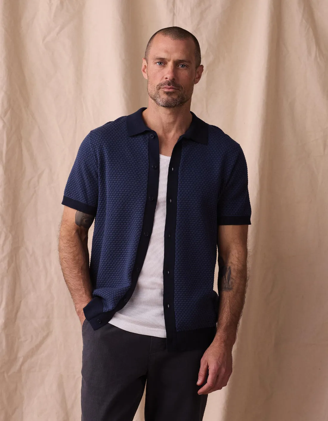 Robles Knit Jacquard Button Up - Denim / Navy