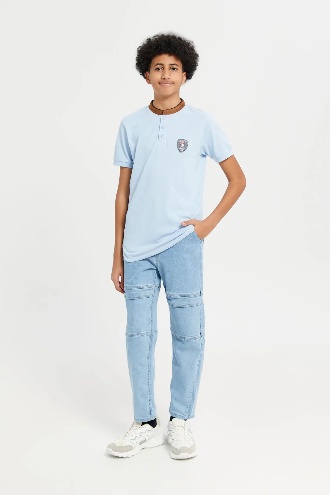 Senior Boys Blue Mandarin Collar Polo T-Shirt