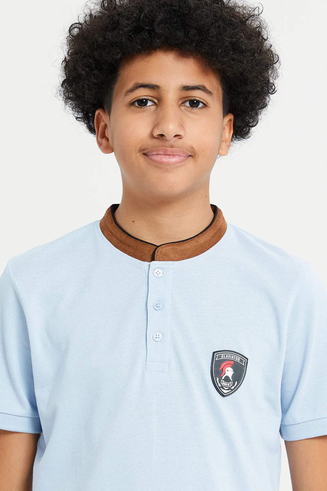 Senior Boys Blue Mandarin Collar Polo T-Shirt