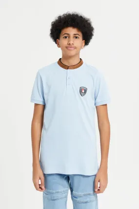 Senior Boys Blue Mandarin Collar Polo T-Shirt