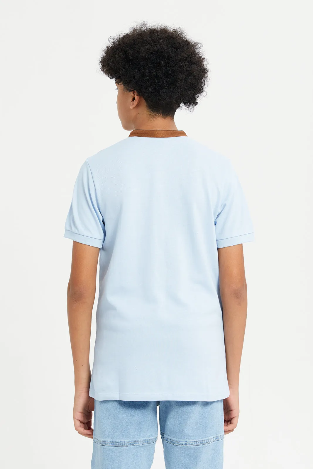 Senior Boys Blue Mandarin Collar Polo T-Shirt