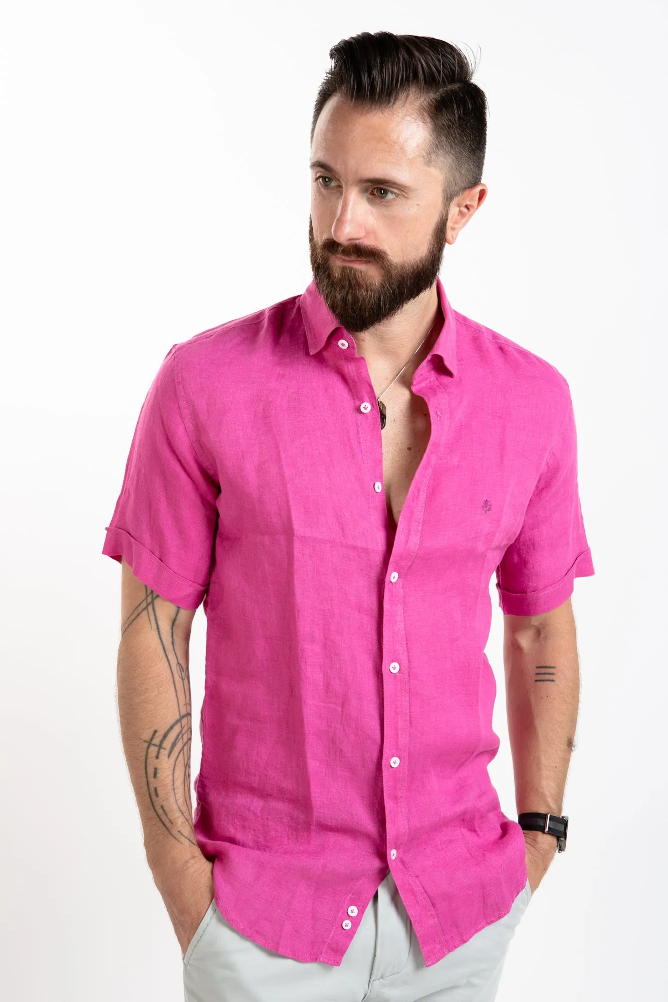 Short Sleeve Linen Shirt - Fuschia