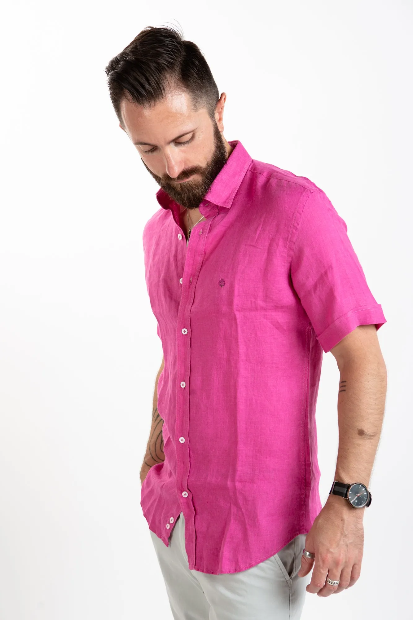 Short Sleeve Linen Shirt - Fuschia