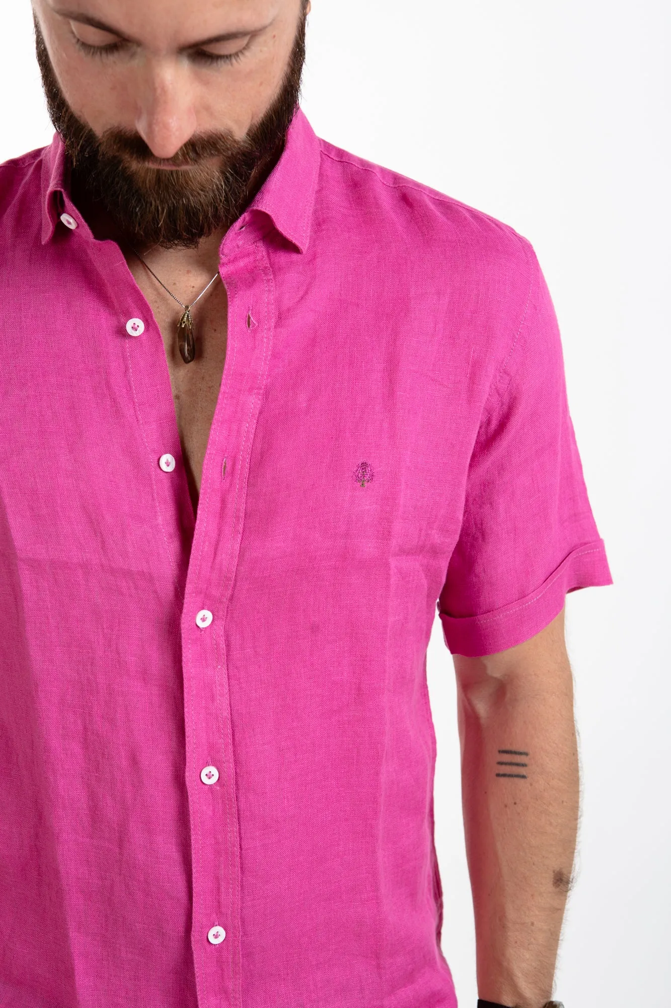 Short Sleeve Linen Shirt - Fuschia