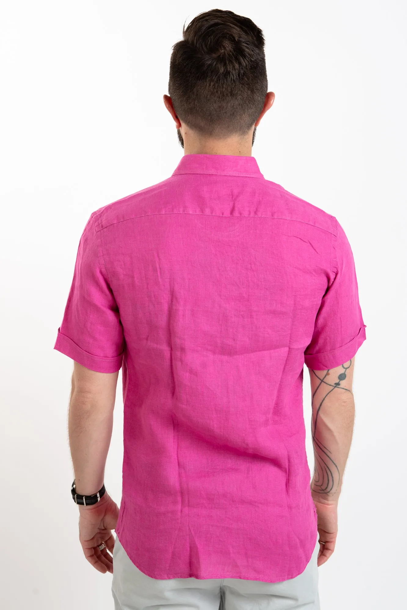 Short Sleeve Linen Shirt - Fuschia