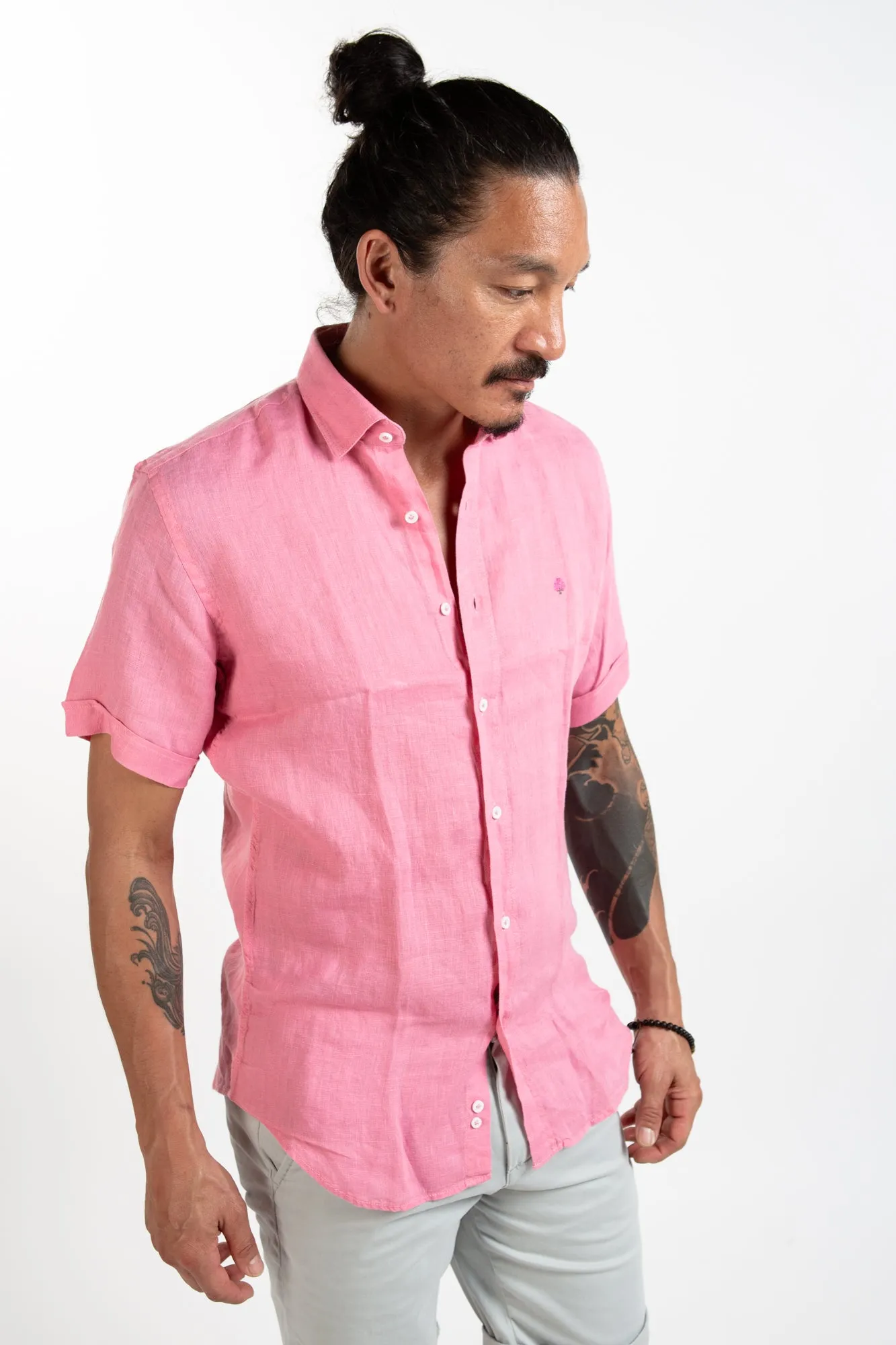Short Sleeve Linen Shirt - Pink