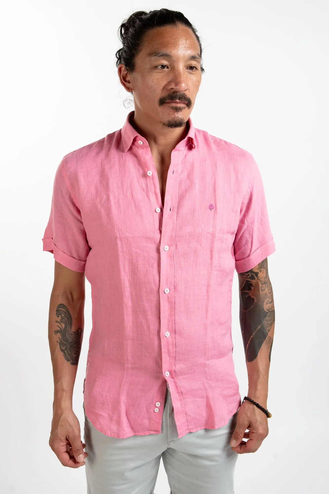 Short Sleeve Linen Shirt - Pink