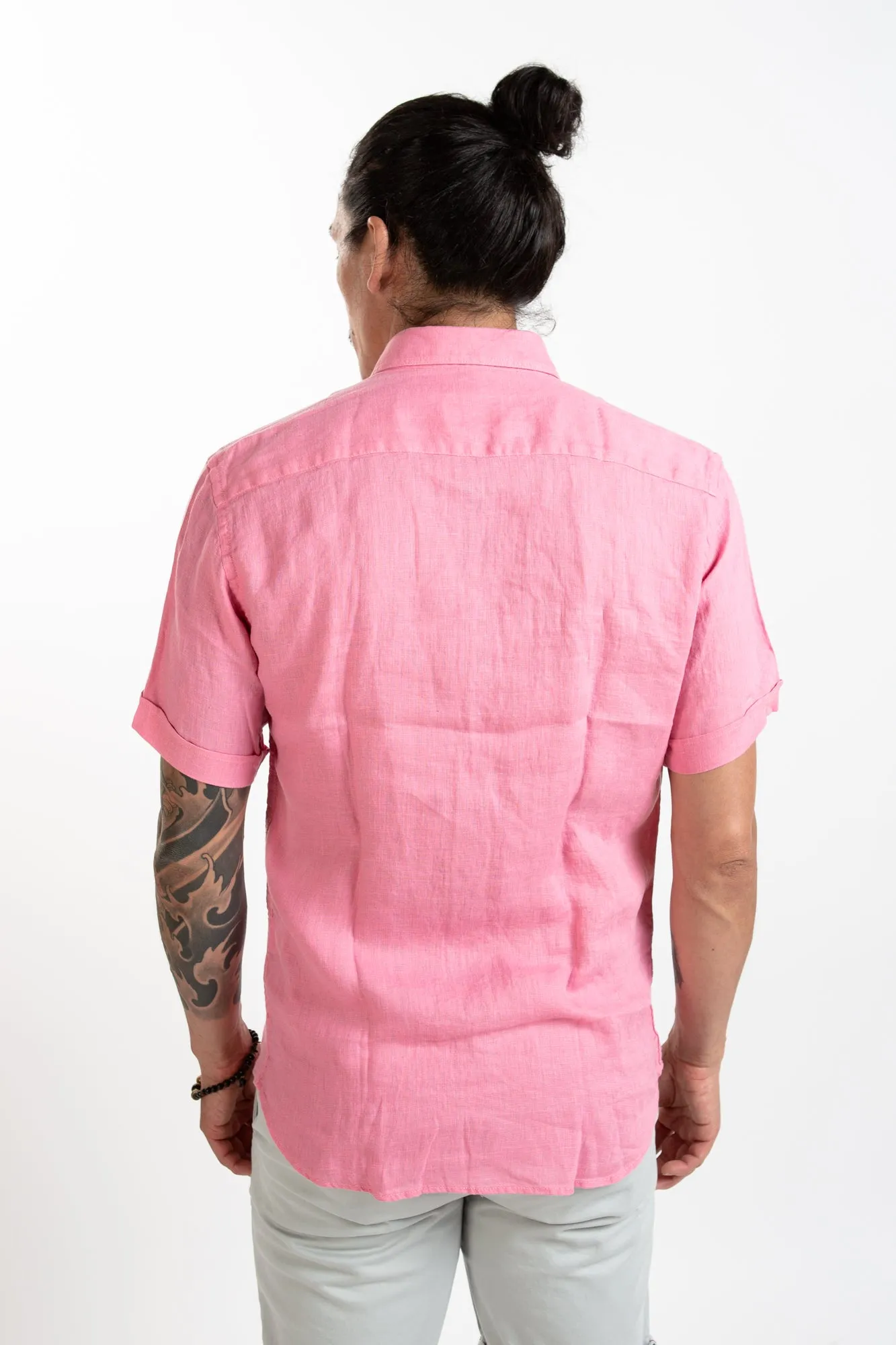 Short Sleeve Linen Shirt - Pink