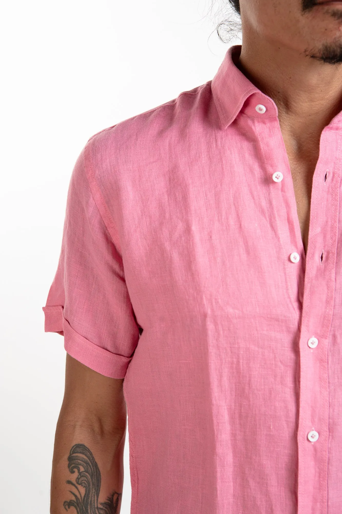 Short Sleeve Linen Shirt - Pink